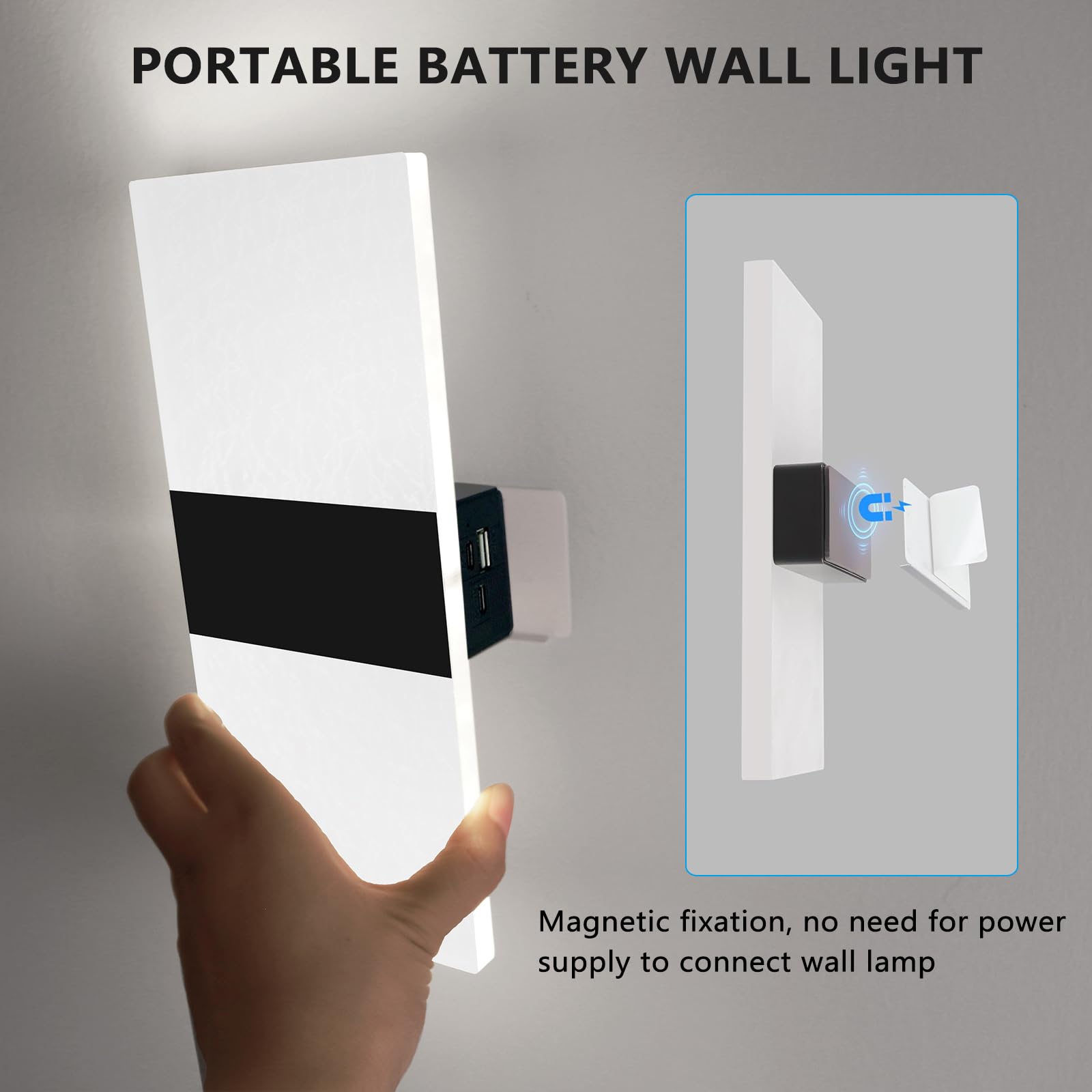 Ankboy Led Wall Sconces, Battery Operated Magnetic Wall Lamp, 3 Brightness, Cool White 6000K