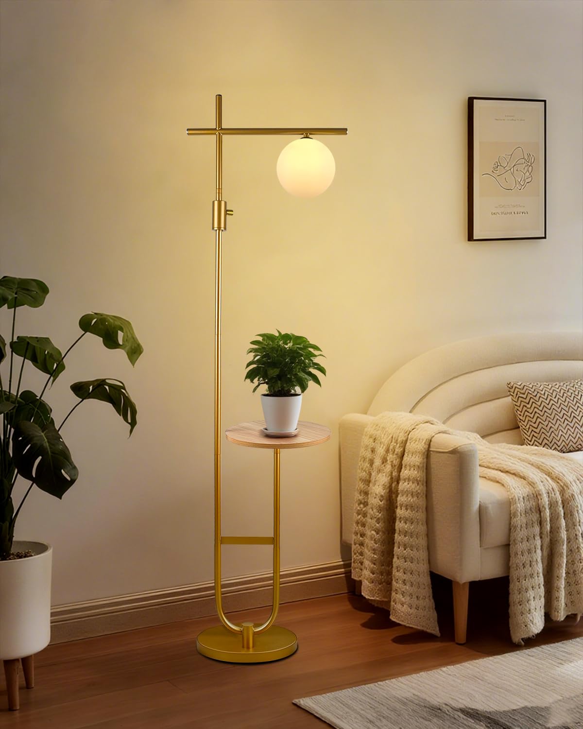 Lightdot 66IN Gold Dimmable Floor Lamps with Table, Modern Standing Tall Lamp with Globe Lampshade, Cross-Shaped Lamp Head U-Pol