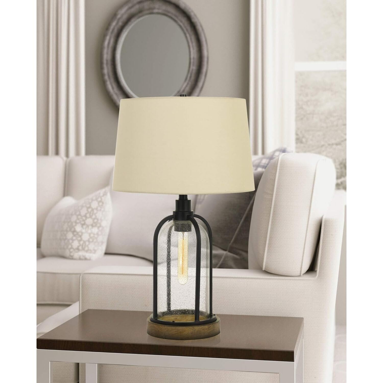 Cal 100W Table Lamp with 25W Night Light, Metal/Pine Wood, Black/Wood, Model BO-2840TB, Edison Bulb Included