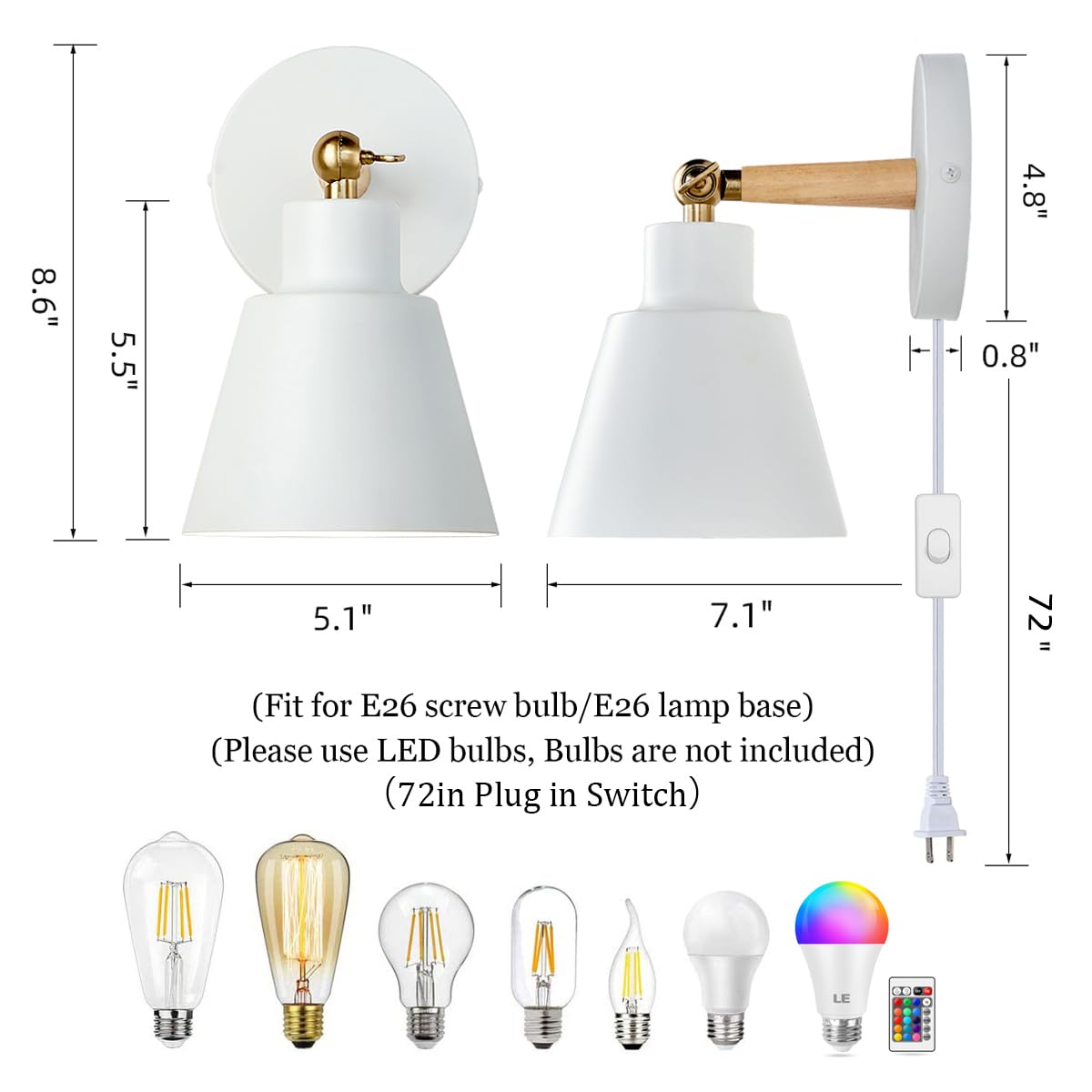 Clankin Wall Sconces Lighting Set Of 2, White Bedside Lamps With 1.8M Plug-In Cord