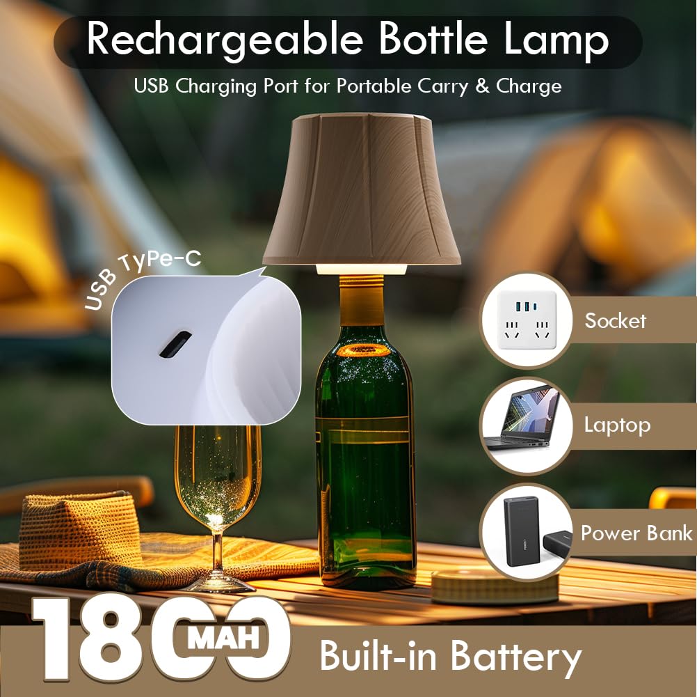 WILIT Wireless Bottle Lamp Shades, 3-Level Brightness Touch Lamp, Flower-Natural Wood Grain, Ideal for Nightstand and Bar Decor