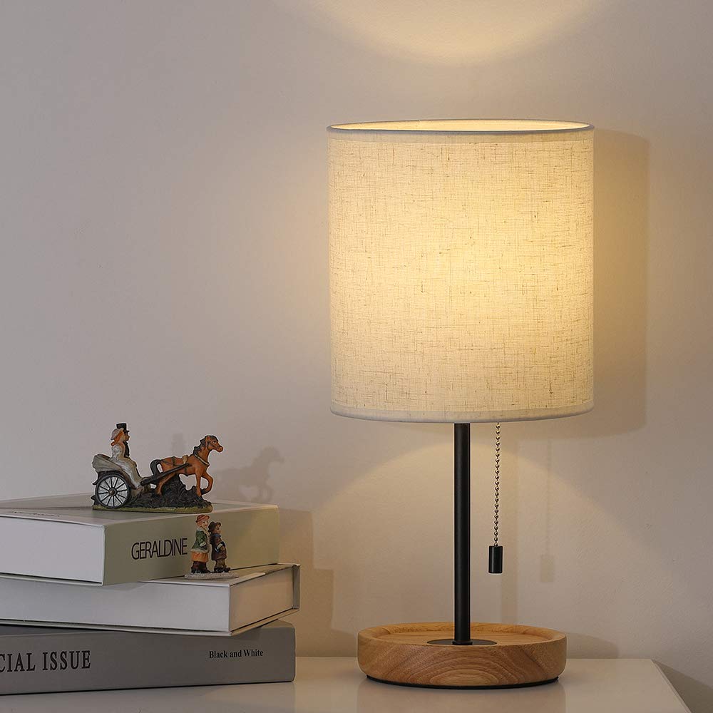 CADUKE Modern Table Lamp, Nightstand Desk Lamp, Bedside Lamp with Wood Base and Linen Shade for Living Room, Bedroom, Office, Co