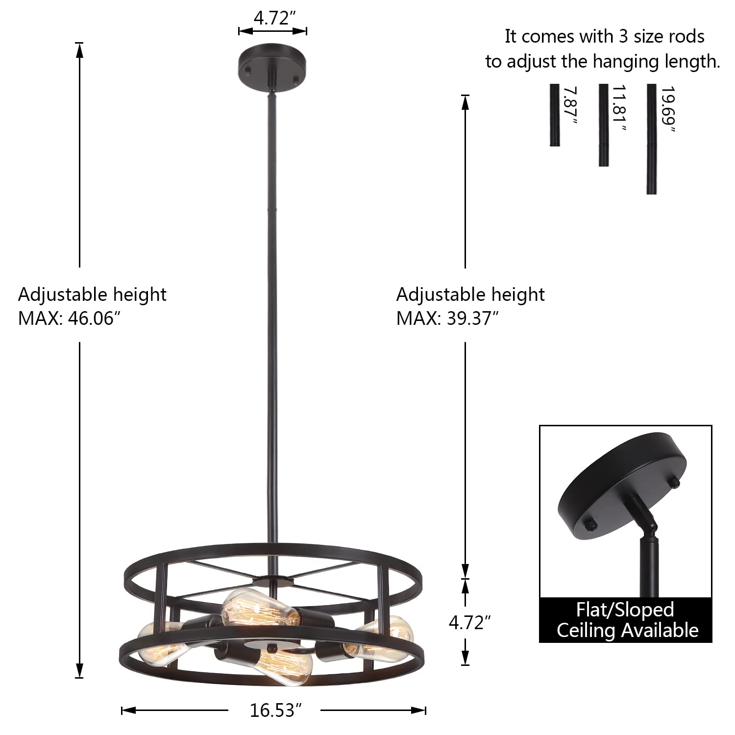 Heircido Black Semi Flush Mount Ceiling Light,Industrial Farmhouse Sloped Lights Fixture, Adjustable Height Metal Lighting For K