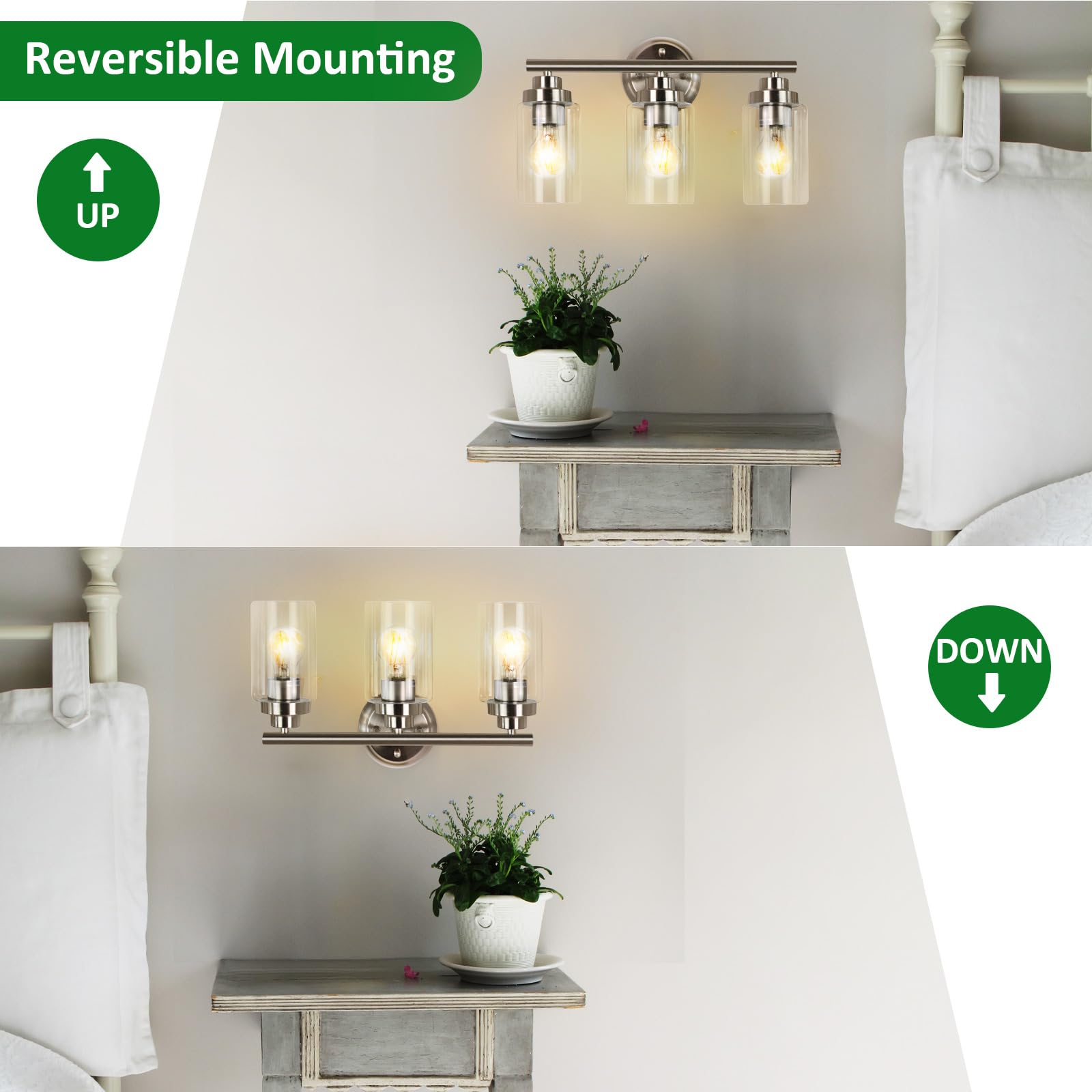 DINGLILIGHTING 3-Light Bathroom Light Fixtures, Brushed Nickel, Glass Shade, Model DINGLILIGHTING, Upgrade Size