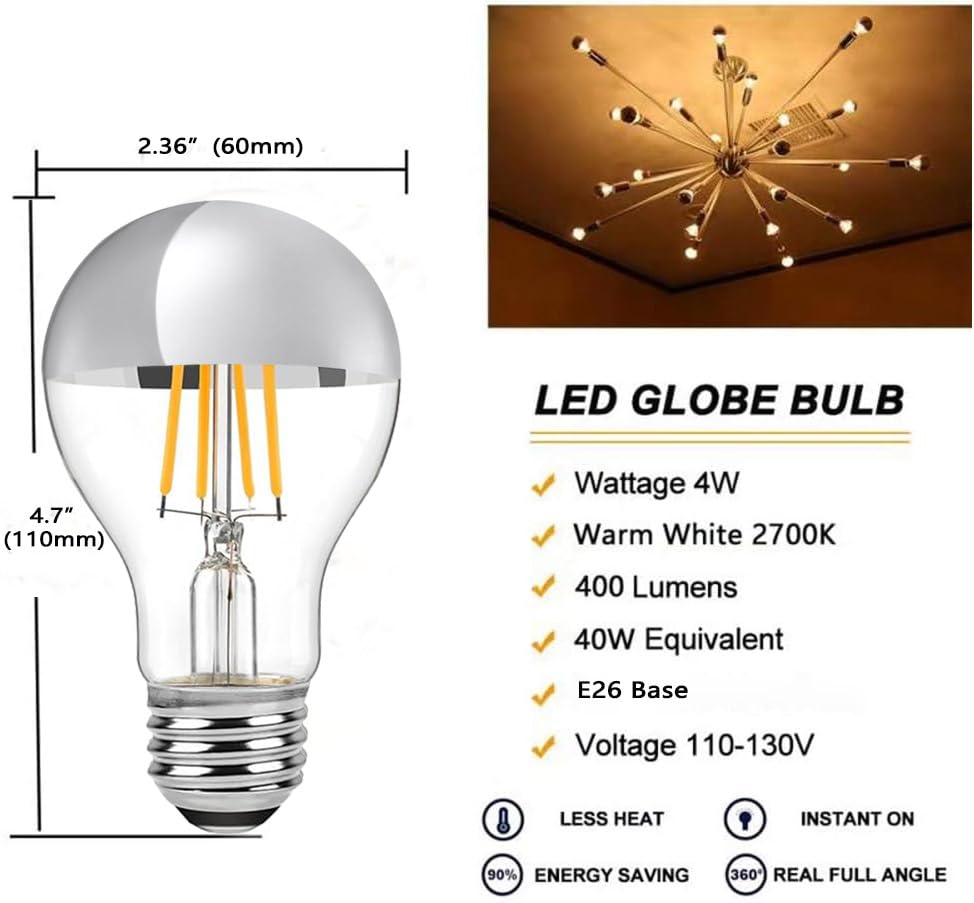 Ldchiuen Half Chrome Led Light Bulb 4W (40 Watt Equivalent), Dimmable A19 E26 2700K Warm White Decorative Edison Bulb, Silver Mi
