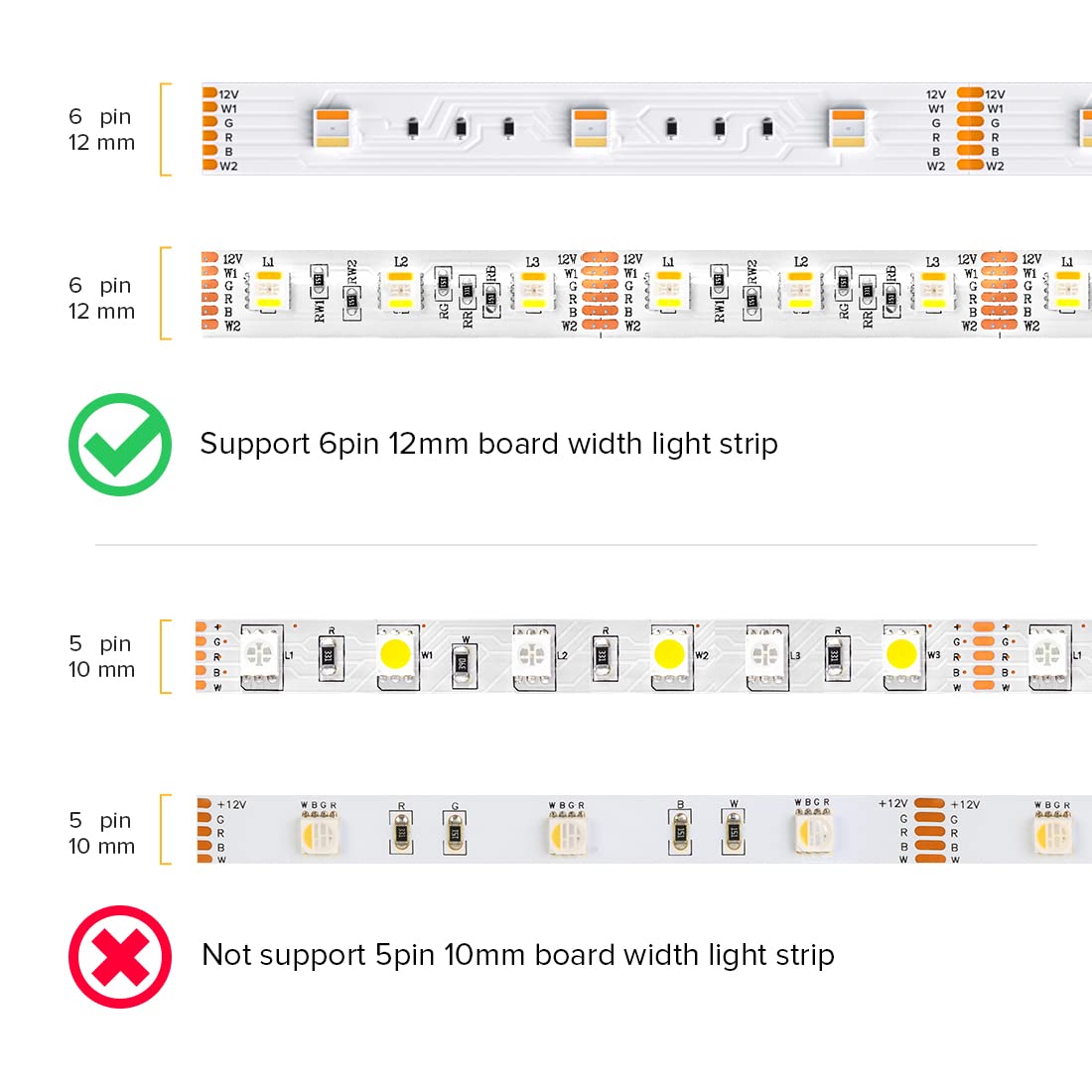 BTF-LIGHTING 6 Pin SMD Connector Kit - 12mm, RGB, Plastic, Includes 4 Corner Connectors & 4 Extension Wires for 5050 LED Strips