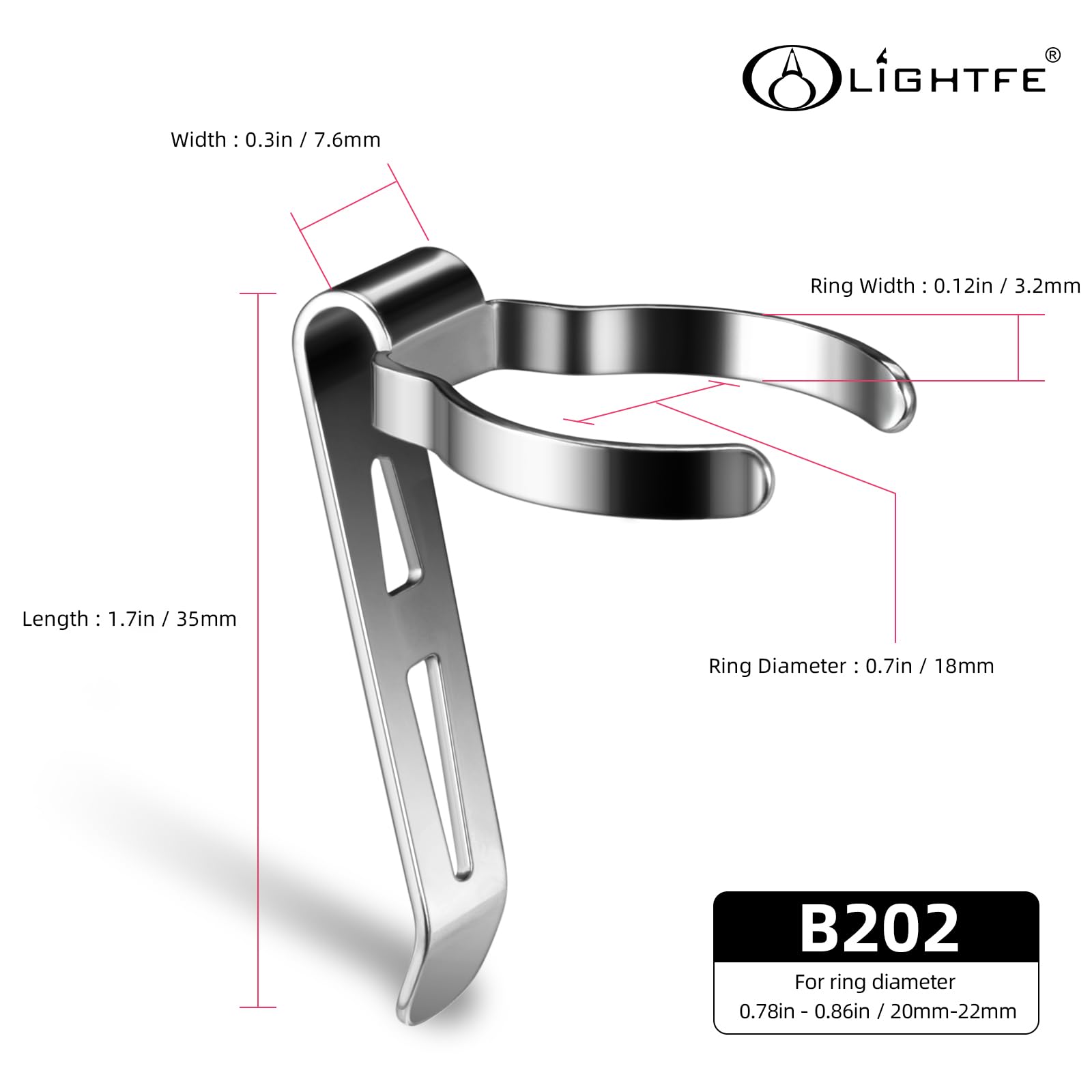 LIGHTFE B202 Flashlight Clip - Stainless Steel, Fits 20-22mm Diameter, 35mm Size, Hat & Pocket Use