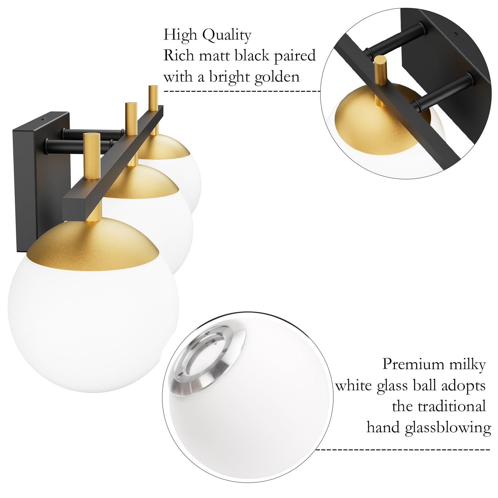 Ralbay 3-Light Mid Century Modern Bathroom Vanity Lights, Black/Gold Metal Fixture, Milky Glass, Model 1100, Excludes Bulb