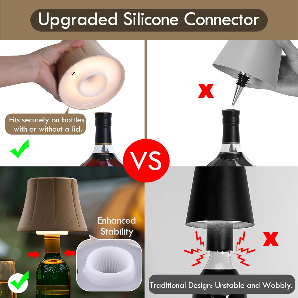 WILIT Wireless Bottle Lamp Shades, 3-Level Brightness Touch Lamp, Flower-Natural Wood Grain, Ideal for Nightstand and Bar Decor