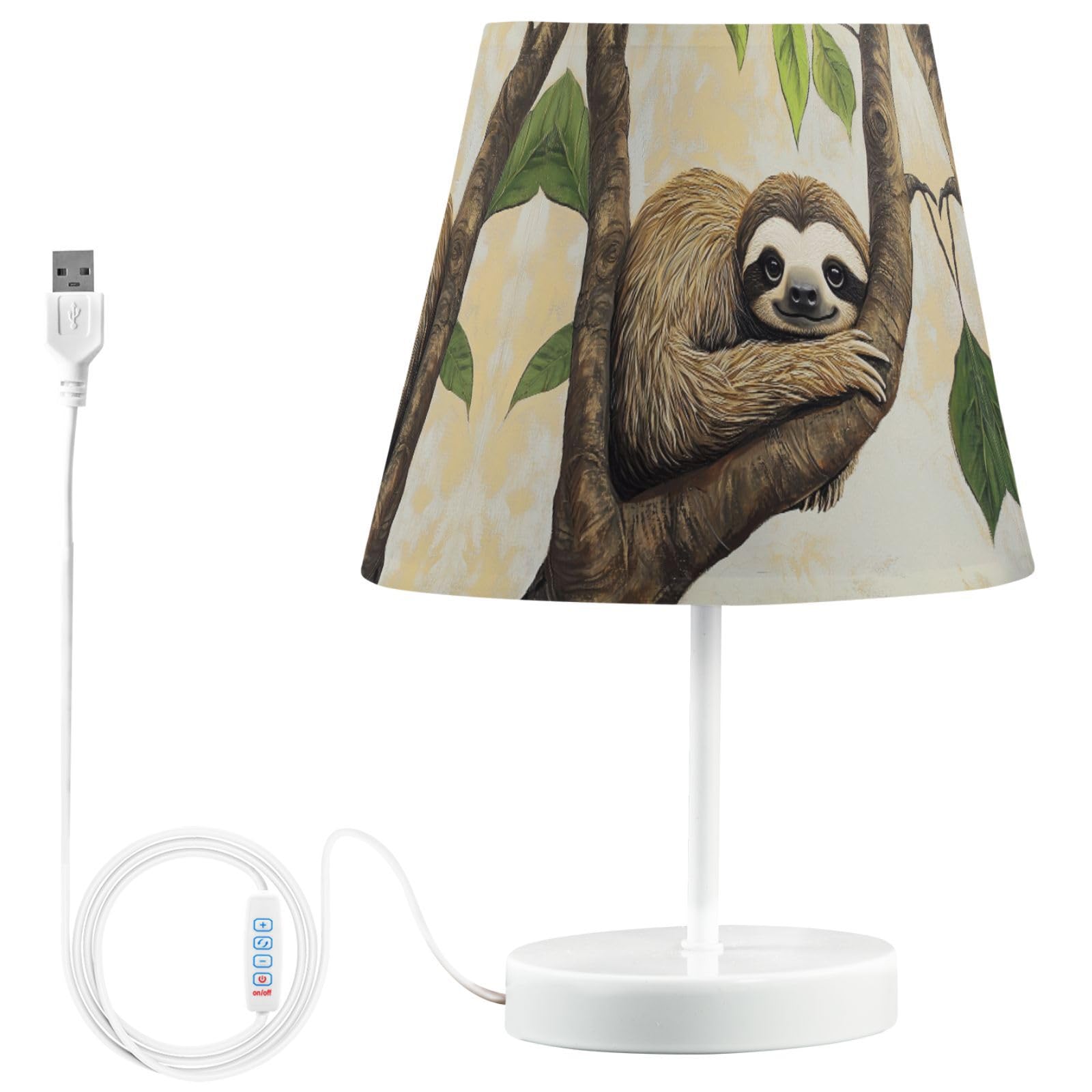 Peystean 3-Color Dimmable LED Table Lamp, Tree Branch Lovely Sloth Linen Shade Large 12 Bedside Nightstand Light with USB Port G