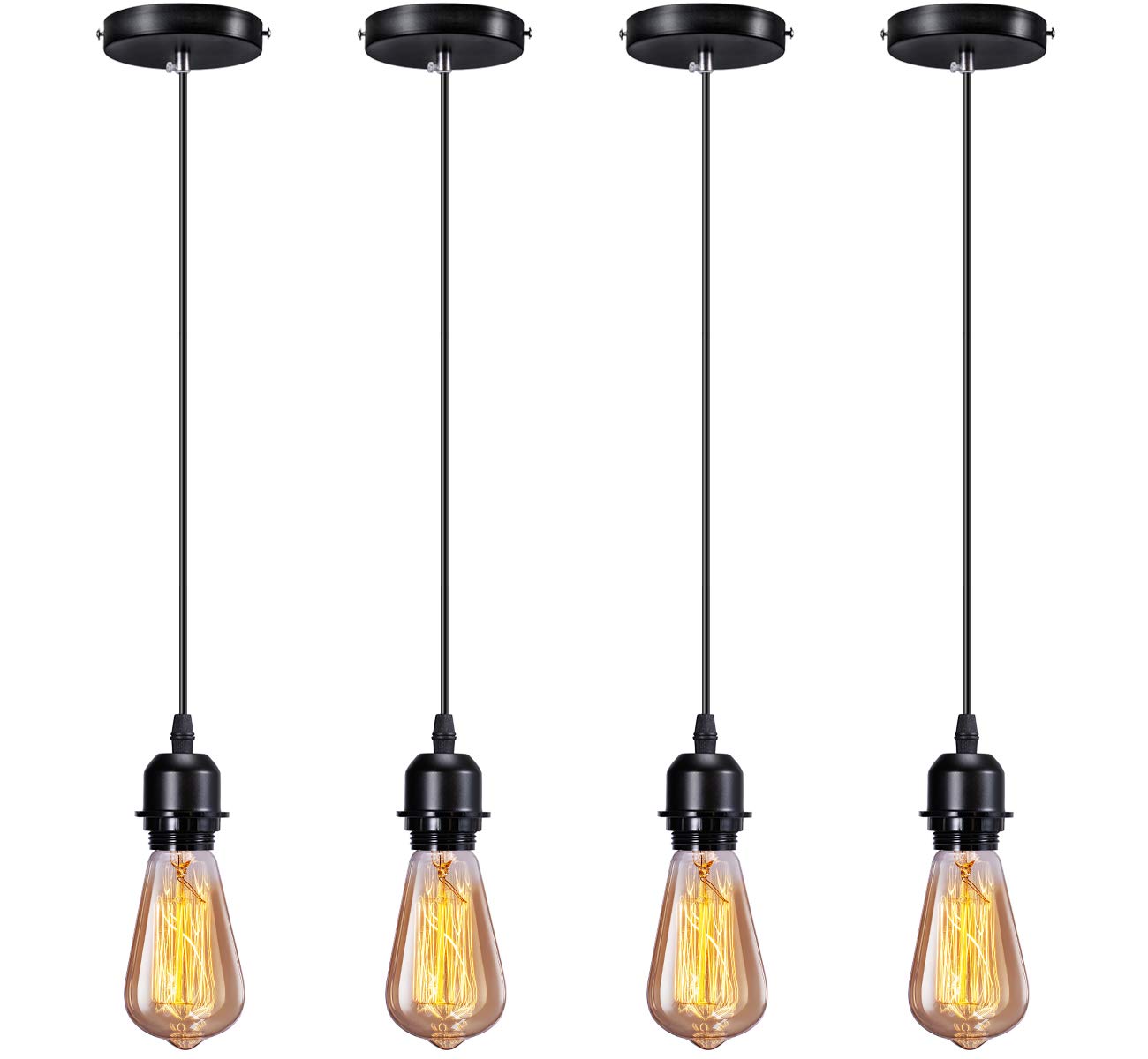 Elibbren Mini Pendant Light Kit, E26/E27 Base, Vintage Style, Metal, Black, 4 Pack