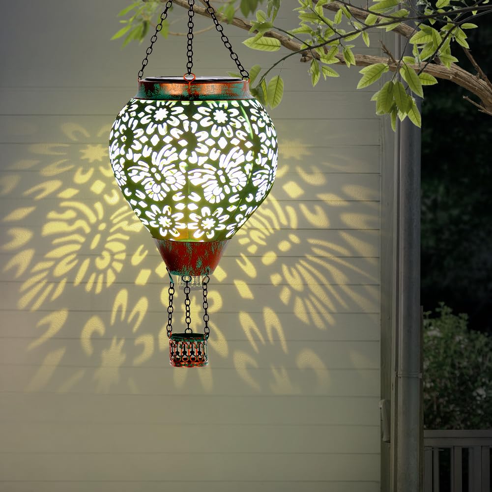 Stargarden Hot Air Balloon Solar Lantern, Butterfly Hollow Out Metal Hot Air Balloon Decorations, Green Hanging Solar Lantern, Waterproof Solar Outdoor Lights For Porch Decor