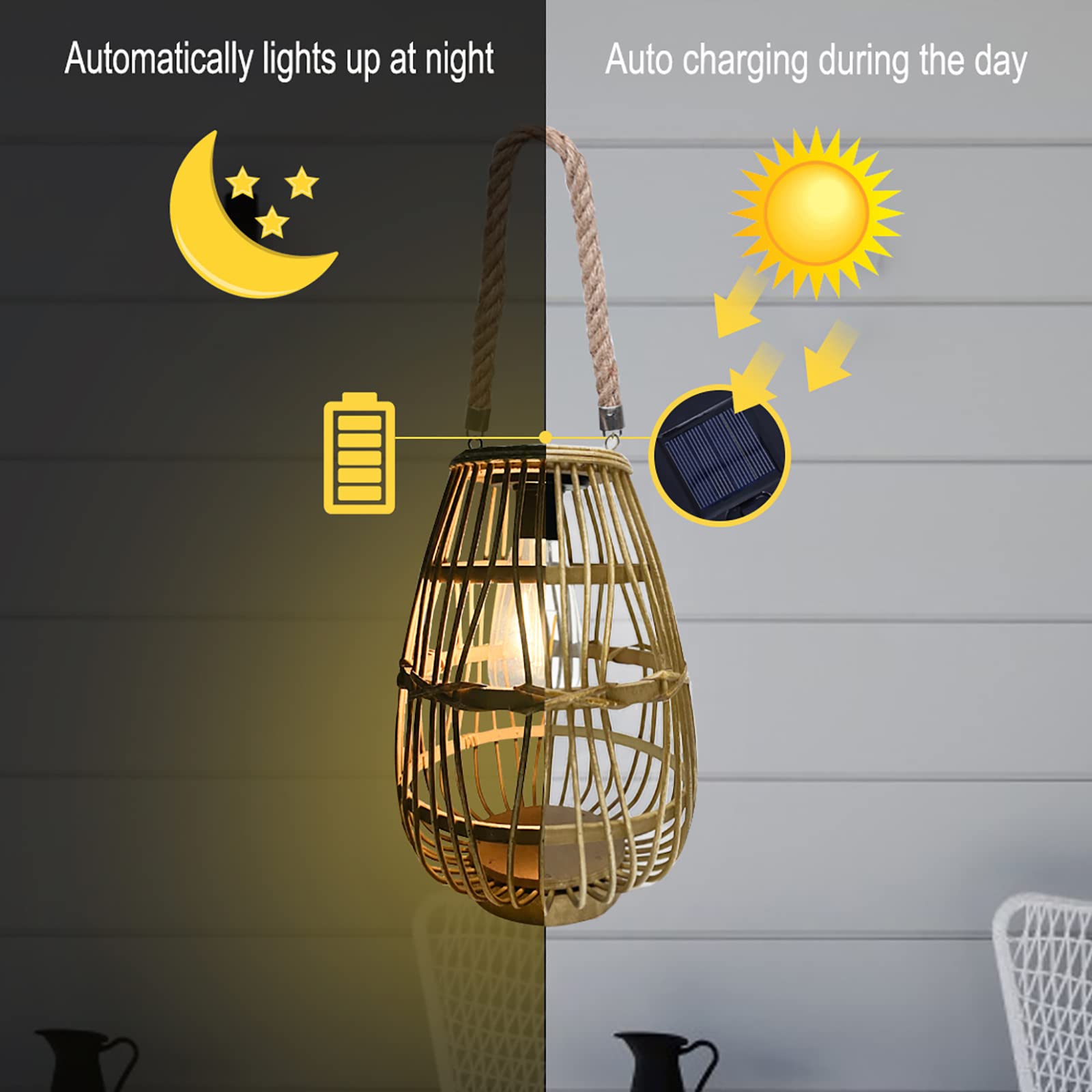 pearlstar Outdoor Solar Lantern Light, Rattan, Edison Bulb, Style 1, Auto On/Off, Hanging/Table Lamp for Patio Garden Wedding Decoration