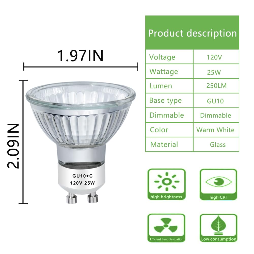 Ahevo Gu10 120V 50W Halogen Bulb Mr16 Glass Cover Gu10+C Bulb 2700K Warm White Dimmable, 50W Replacement Bulb For Wax Burner Lig