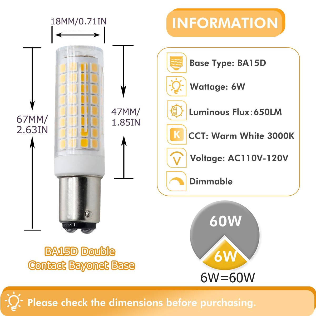ZSSXOLED BA15D LED Bulb - 6W Dimmable Warm White 3000K, Double Contact Bayonet Base, Pack of 4