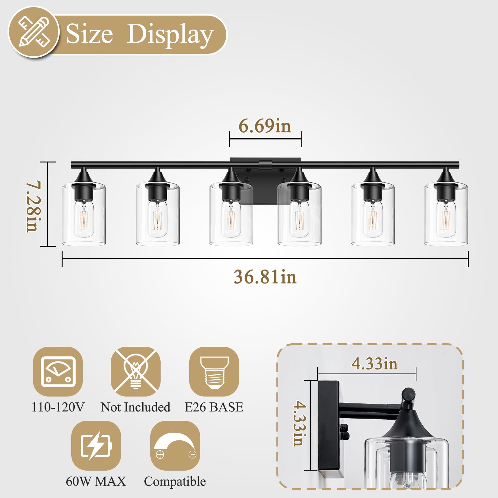Xpehk Bathroom Vanity Light Fixtures,6-Light Matte Black Bathroom Light,Bathroom Lighting Fixtures Over Mirror With Clear Glass