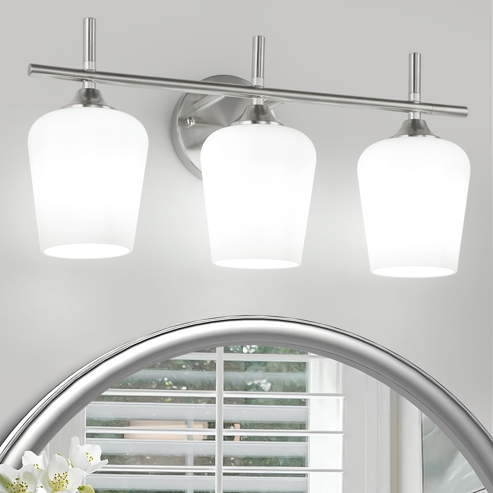 foucasal Bathroom Light Fixtures 3-Light Brushed Nickel with Milk Glass Shade, Modern Vanity Wall Light