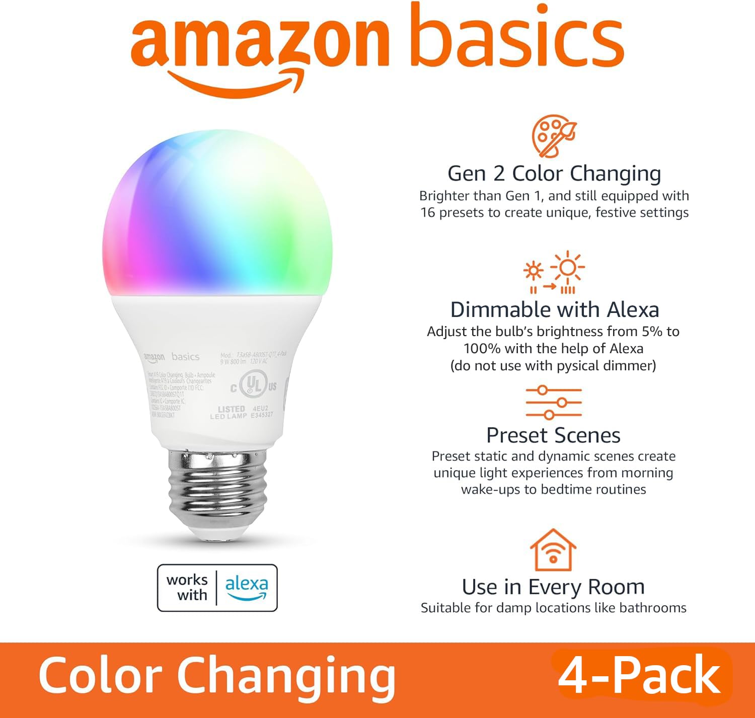 Amazon Basics Smart A19 LED Light Bulb, Color Changing, 9W, 800LM, Works with Alexa, 4 Pack, Plastic