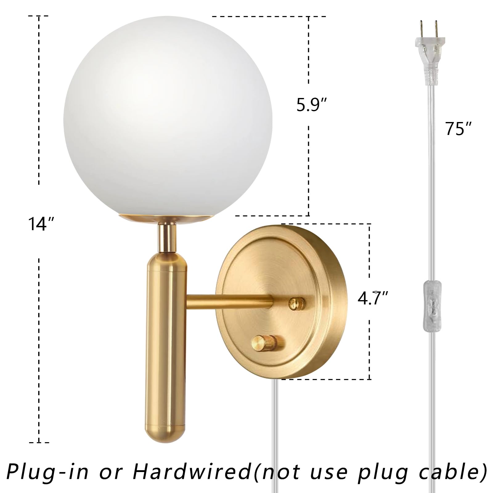 Femusytt Dimmable Plug In Wall Sconces Set Of 2, Gold Plug In Wall Sconce With Glass Globe Mid Century Modern Corded Two Light Wall Lamp Decor For Bedroom Bedside Living Room(Bulb Included)