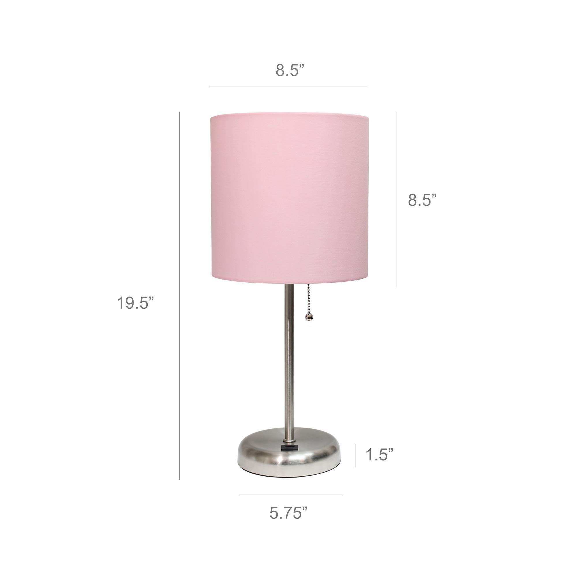Simple Designs Lc2002-Lpk-2Pk Brushed Steel Stick Table Lamp Set With Usb Charging Port And Light Pink Fabric Shades, 2 Pack Set