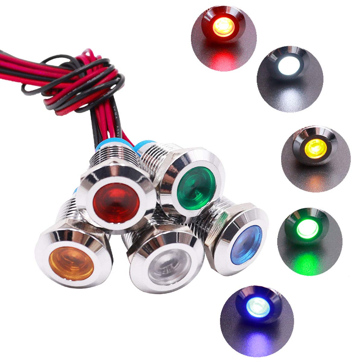 Mxuteuk 5 Pcs 12V-24V 12Mm 1/2&quot; Led Metal Indicator Light Waterproof Signal Lamp Red Yellow Blue Green White With Wire For Car Truck Boat