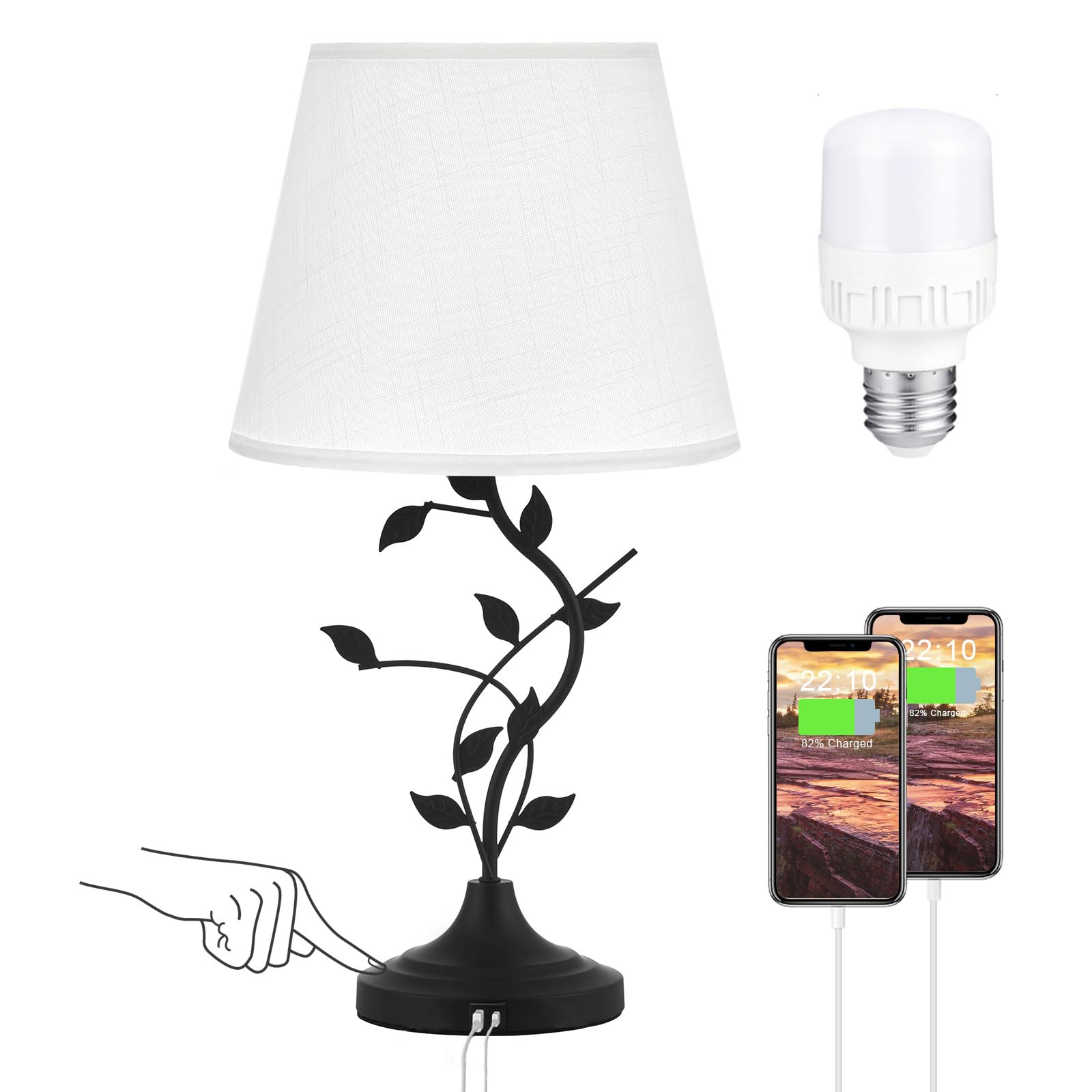 Kakanuo USB Touch Table Lamp Bedside Lamp with USB C Charging Ports for Living Room, White 3 Way Dimmable Traditional Nightstand