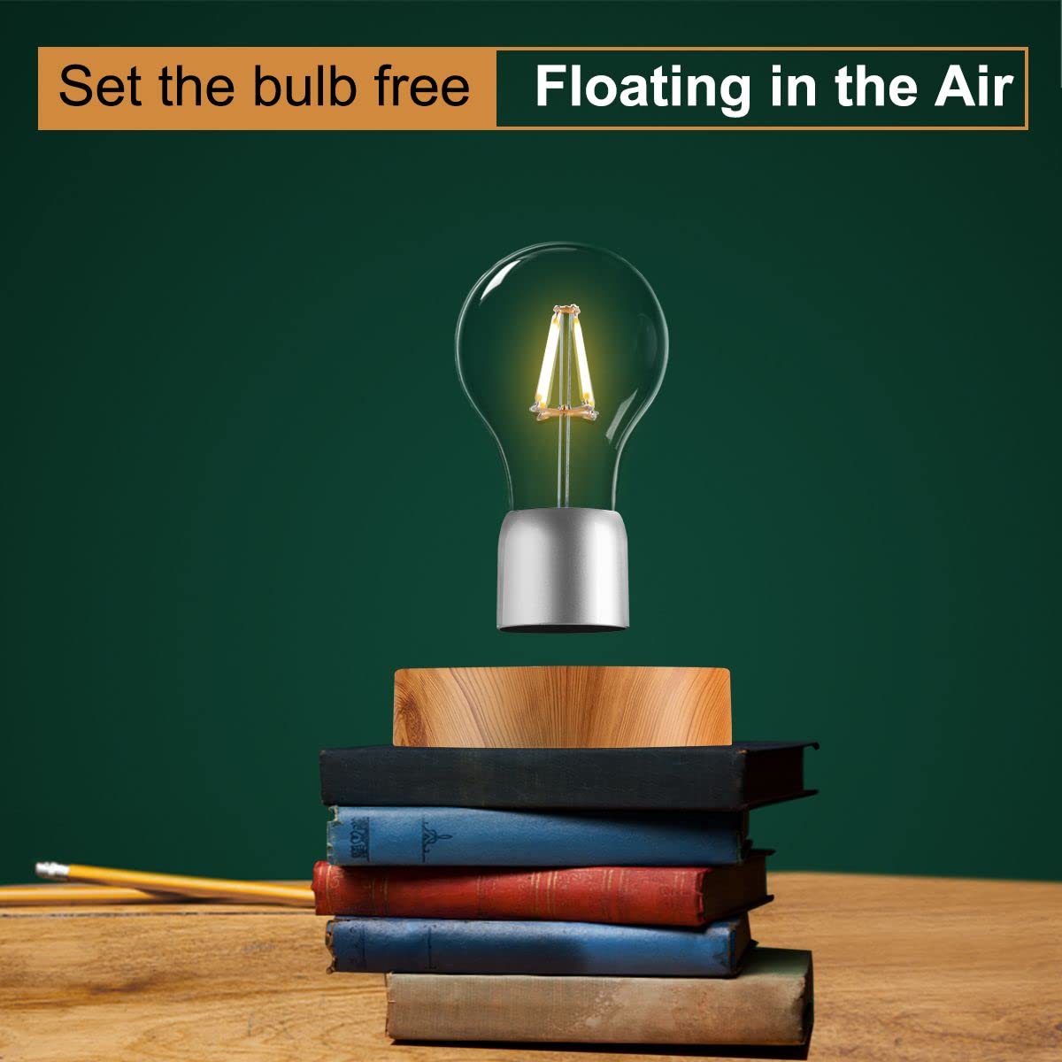VGAzer Magnetic Levitating LED Light Bulb Desk Lamp, Round Wooden Base, Yellow, Unique Home Office Decor
