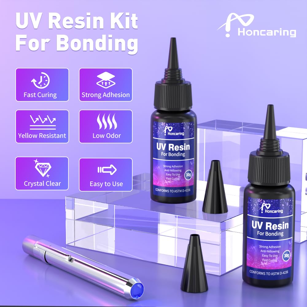 Honcaring UV Resin Kit - 60g Clear Fast Drying Glue with UV Penlight for Bonding & Repairing Plastic, Glass, Acrylic