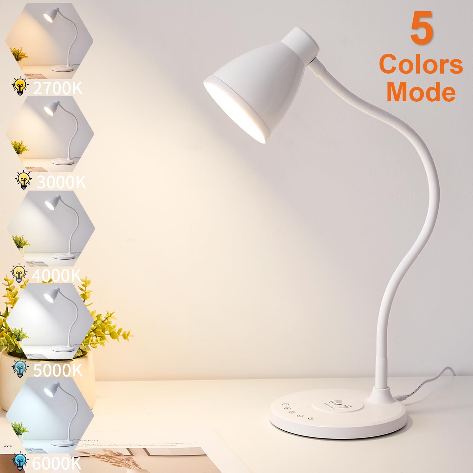 BOHON LED Desk Lamp with USB C+A Ports, Wireless Charger, Touch Control, 5 Colors Dimming, Model BH-WCDL-01, White