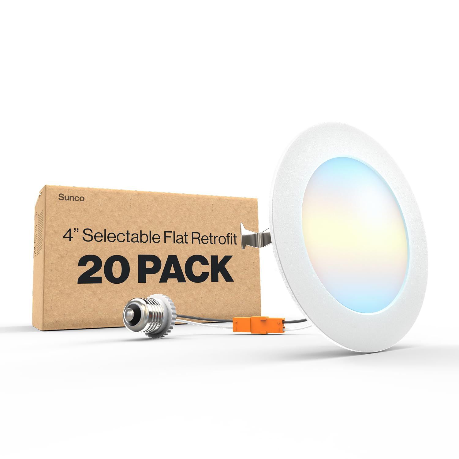 Sunco 20 Pack 4 Inch LED Flat Recessed Light, Retrofit Ceiling Can Lighting, 800 LM, Selectable CCT 2700K/3000K/4000K/5000K, Dim
