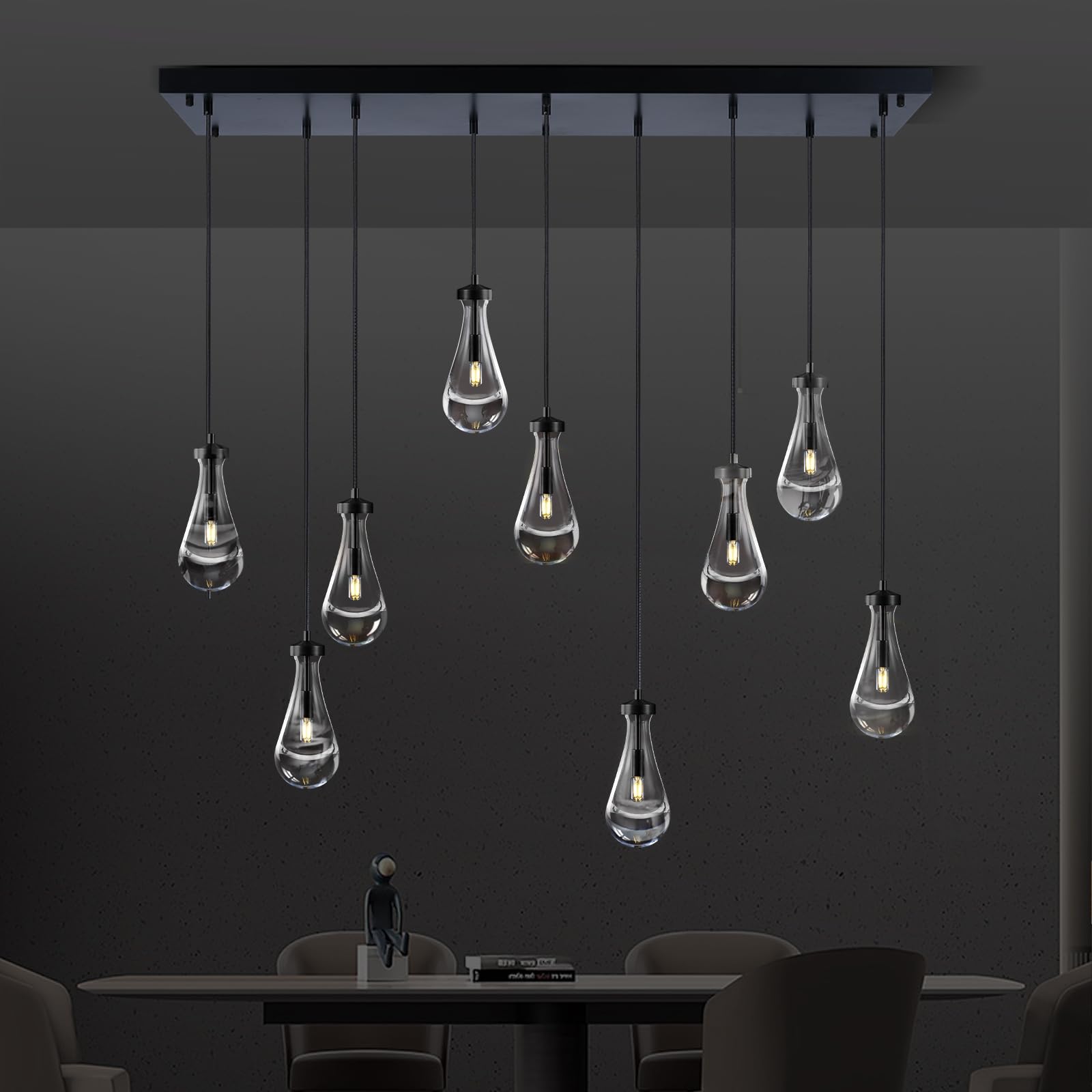 Joyunleo Raindrop 9-Light Chandeliers For Dining Room, Black Dining Room Lights Fixture Over Table, Teardrop Pendant Lights Kitc