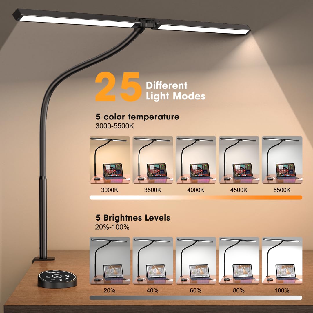 Pzloz LED Desk Lamp - Eye Caring Architect Lamp with Clamp, 24W, Adjustable, Black, Model CLED-5501C, Perfect for Home & Office