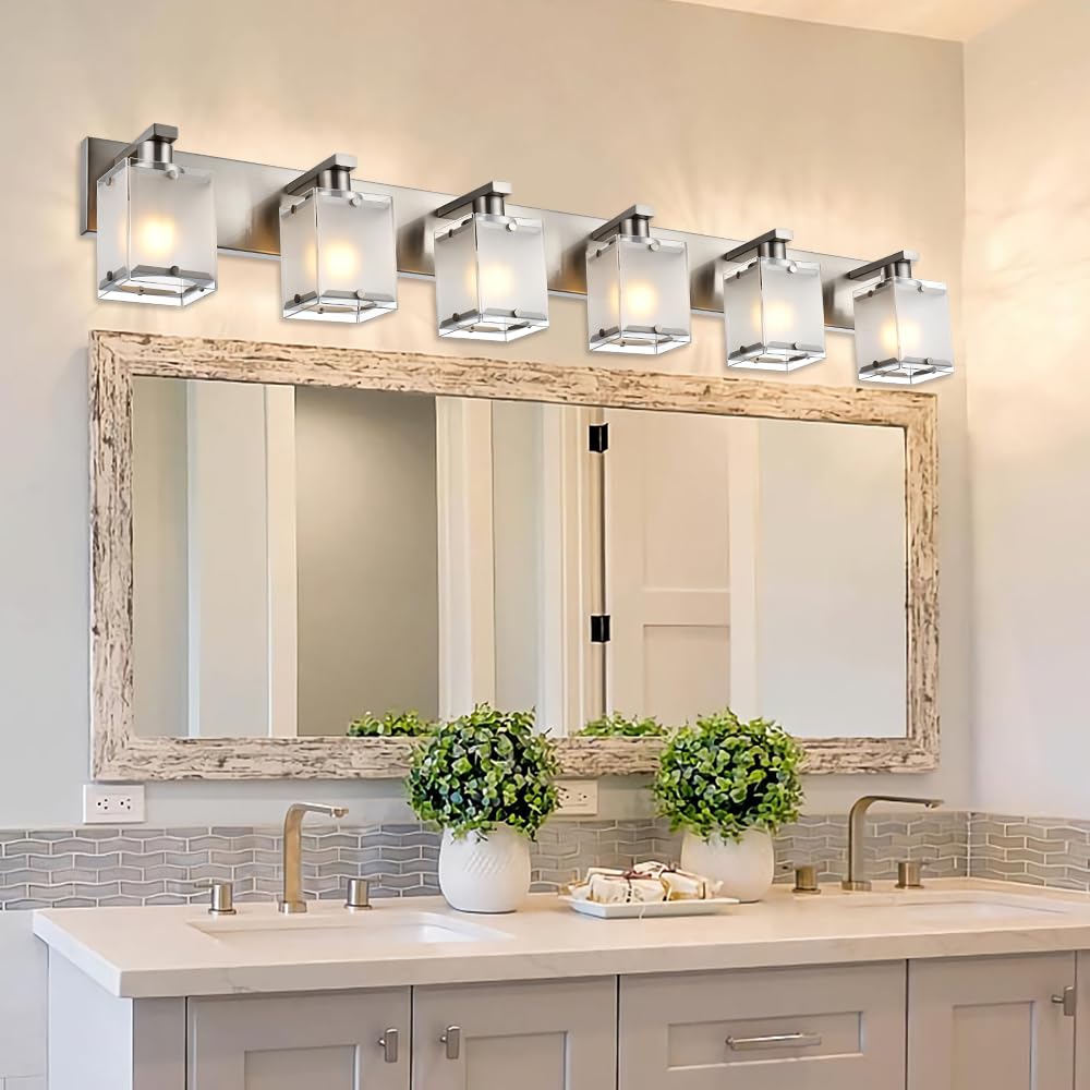 WINSHEN 6-Lights Bathroom Vanity Light, Modern Black Fixtures with Frosted Glass Shades, Wall Mounted, E26 Bulb Base