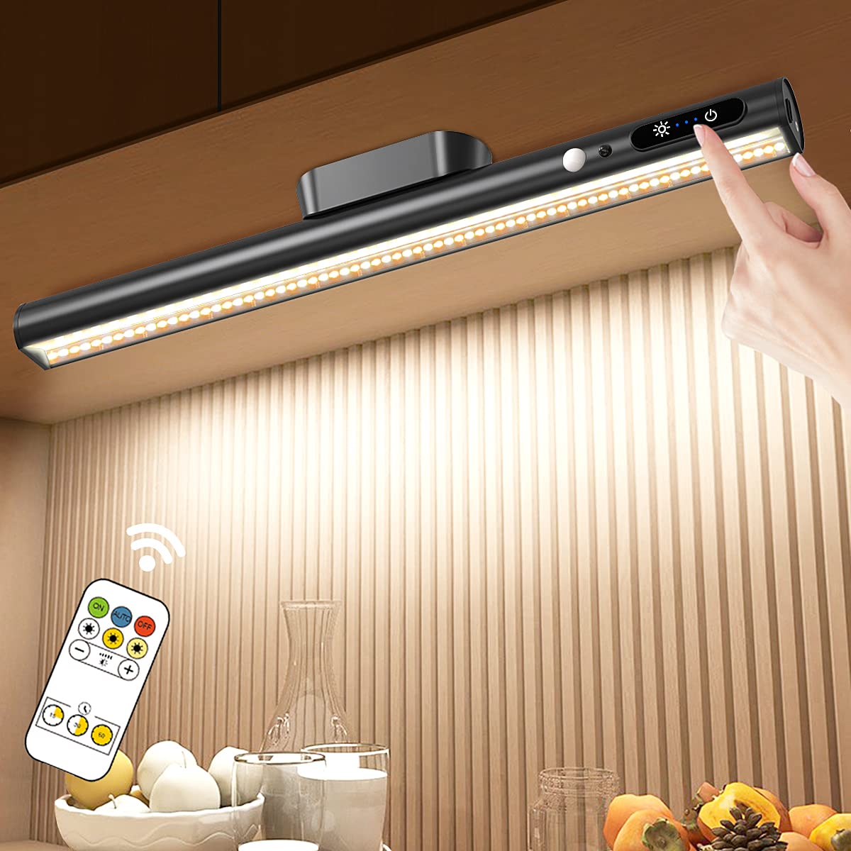 Hapfish Motion Sensor LED Light Bar Indoor, Rechargeable Under Cabinet Lighting Wireless, Magnetic Battery Powered Operated Wall