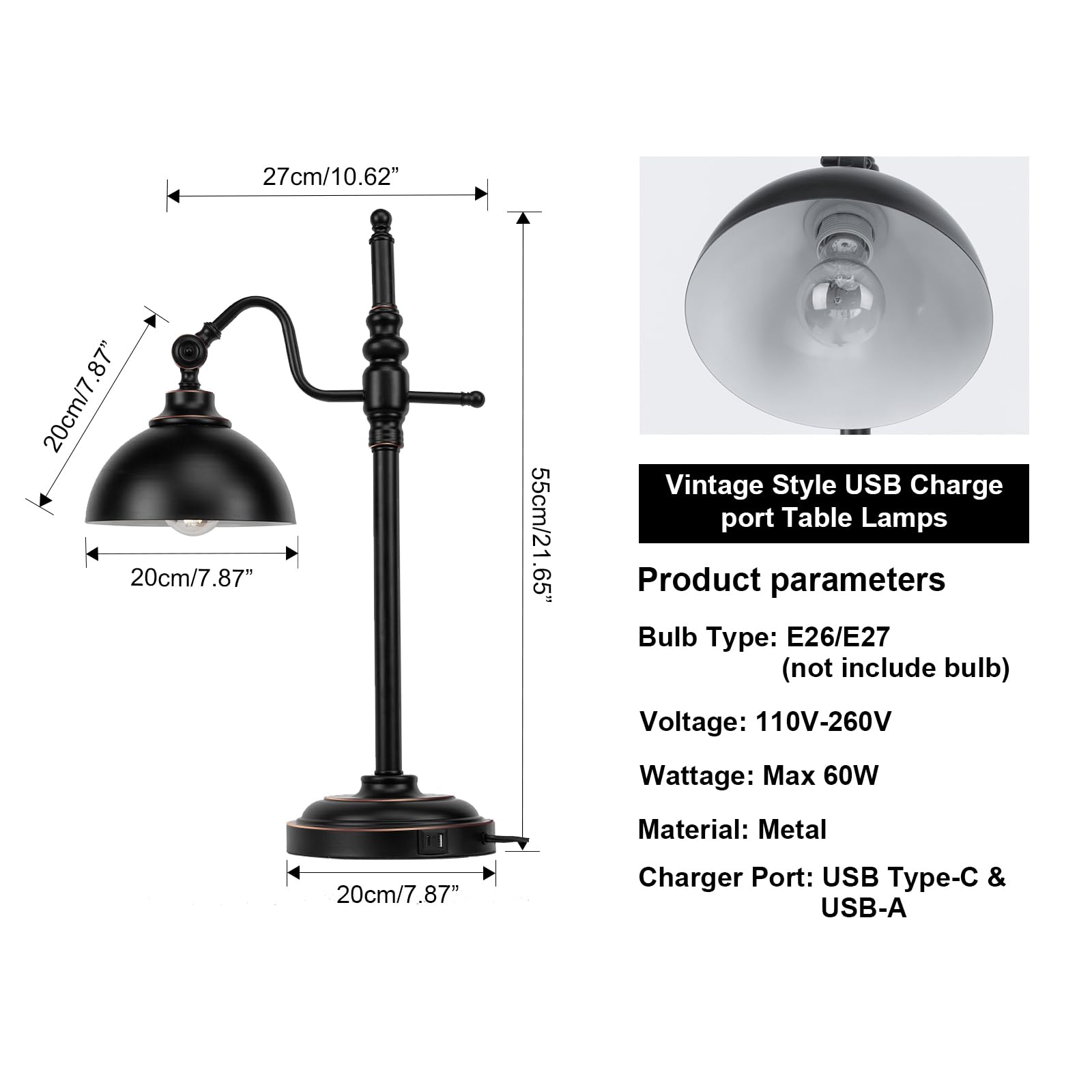 Jcpyiul 2 Pack Industrial Desk Lamp With 2 Usb Charging Port Black Metal Rustic Table Lamp For Reading With Adjustable Head Vint