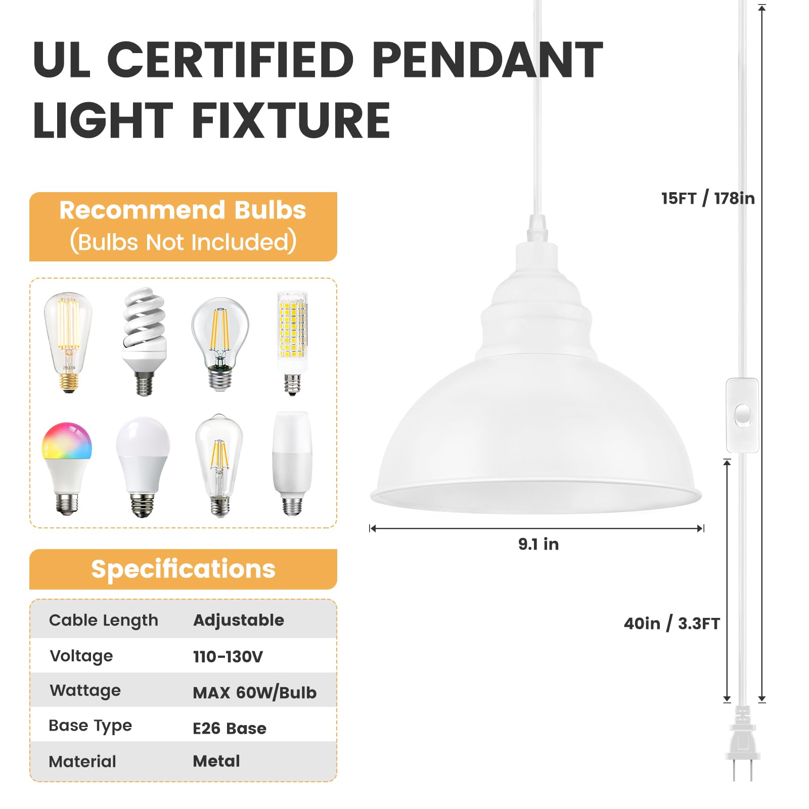 Soodmi Plug In Pendant Light, 15Ft Hanging Lights, On/Off Switch, Industrial Pendant Light With Plug In Cord, Metal Hanging Lamp