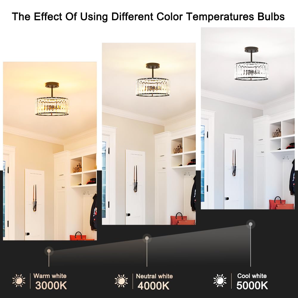 Lxybcce Modern Crystal Ceiling Light  Matte Black Semi Flush Mount Ceiling Lighting Fixture  Hallway Light Fixtures Chandelier For Kitchen  Bedroom Dining Room Hallway Closet  3-Light  12 Inch