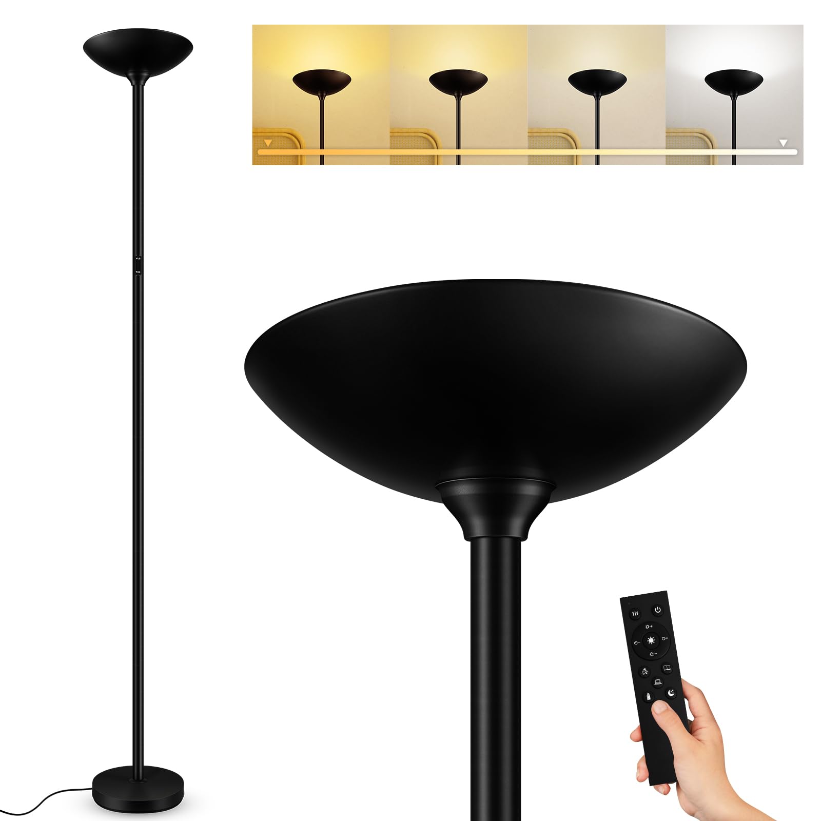 Bricosmocon 30W Dimmable Led Floor Lamp With Remote, 71In Tall Modern Black Torchiere For Home