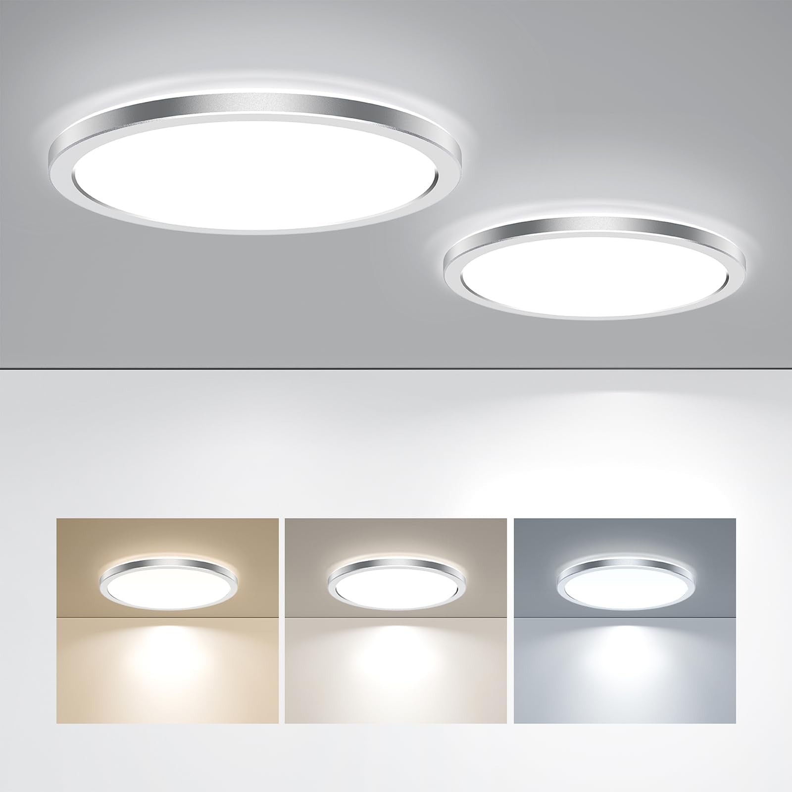 BLNAN LED Flush Mount Ceiling Light Fixture, 9 Inch, 3000K/4000K/5000K, Silver, Model LS-CL-G18W-Dim, 2