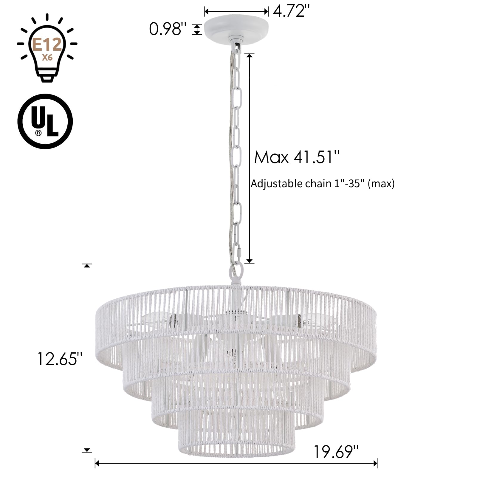 Elyccupa 6-Lights 20&quot; Hand-Woven Rattan Pendant Light Coastal 4 Round Transitional Minimalist Boho Large Pendant Light, For Kitchen Island Dining Room Living Room Hallway, White, Ul Listed