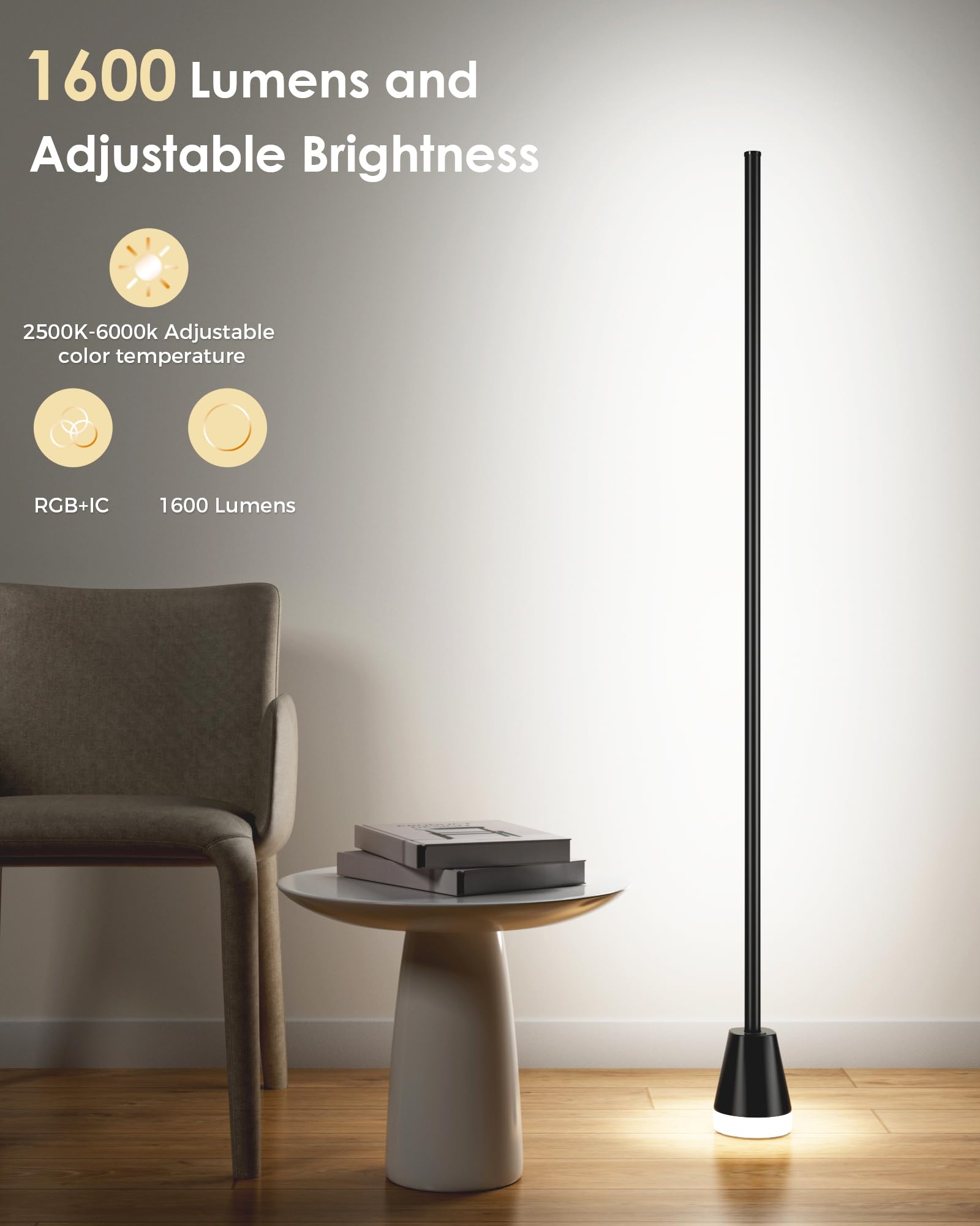 CCACC Smart RGB LED Corner Floor Lamp with App & Remote Control, 172 Light Beads, Music Sync, Black
