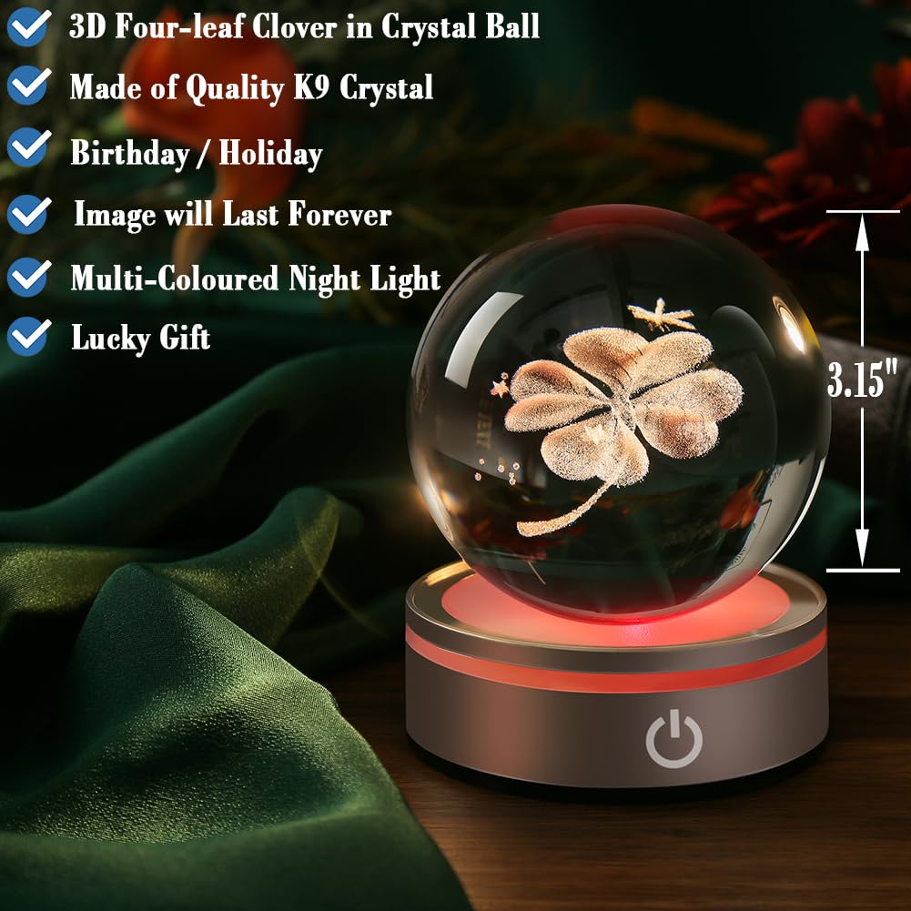 Ifolaina Crystal Ball Lamp  3D Four Leaf Clover K9 Decorative Night Light  Clear  3.15 Inches  Rechargeable Usb  Ideal Gift For Her Birthday  Wedding  Anniversary