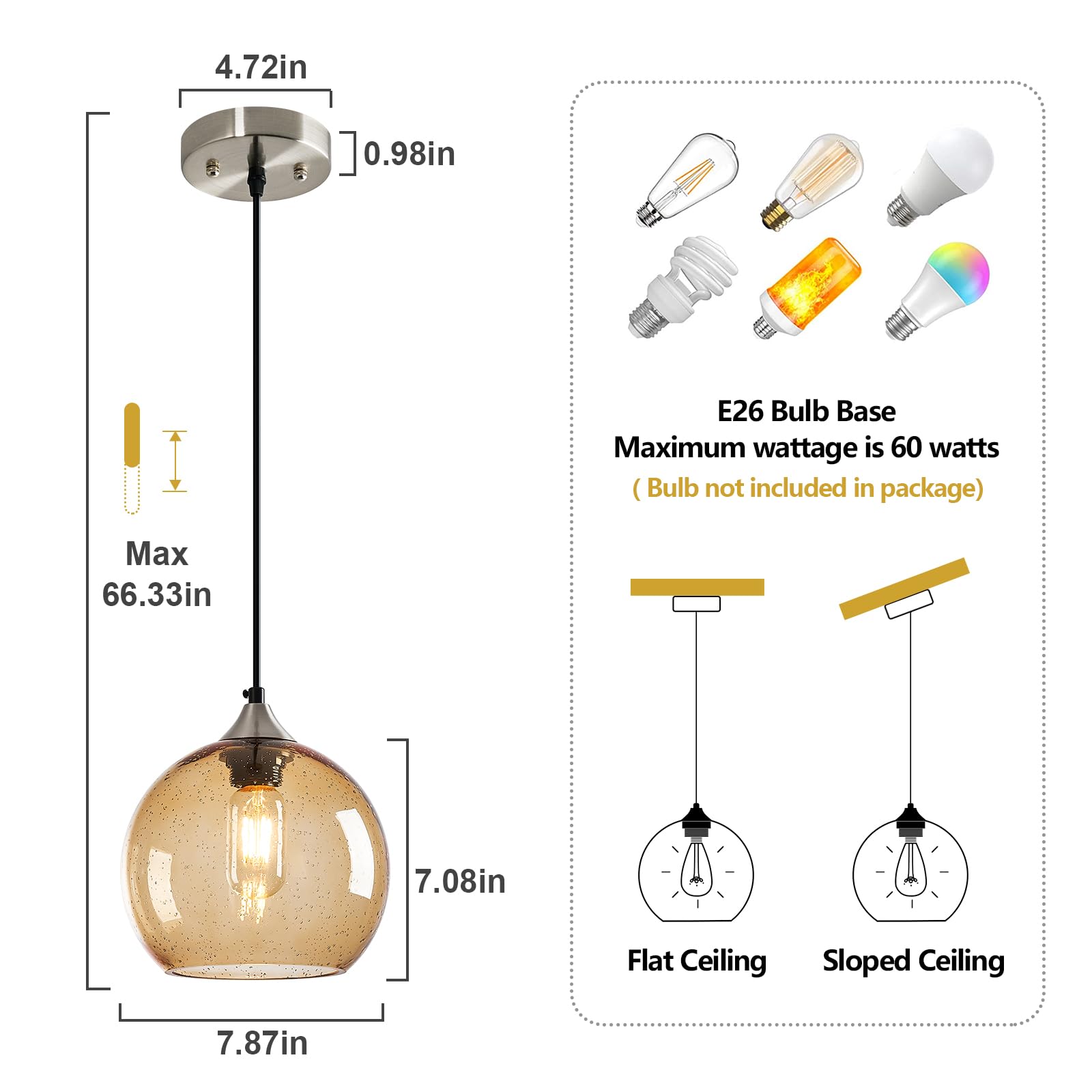 Lbsqj Light Brown Glass Pendant Lights Kitchen Island Lighting Globe Pendant Light Fixtures Modern Pendant Lighting For Bedroom Living Dining Room Light Fixture (7.87 In  2 Pack)