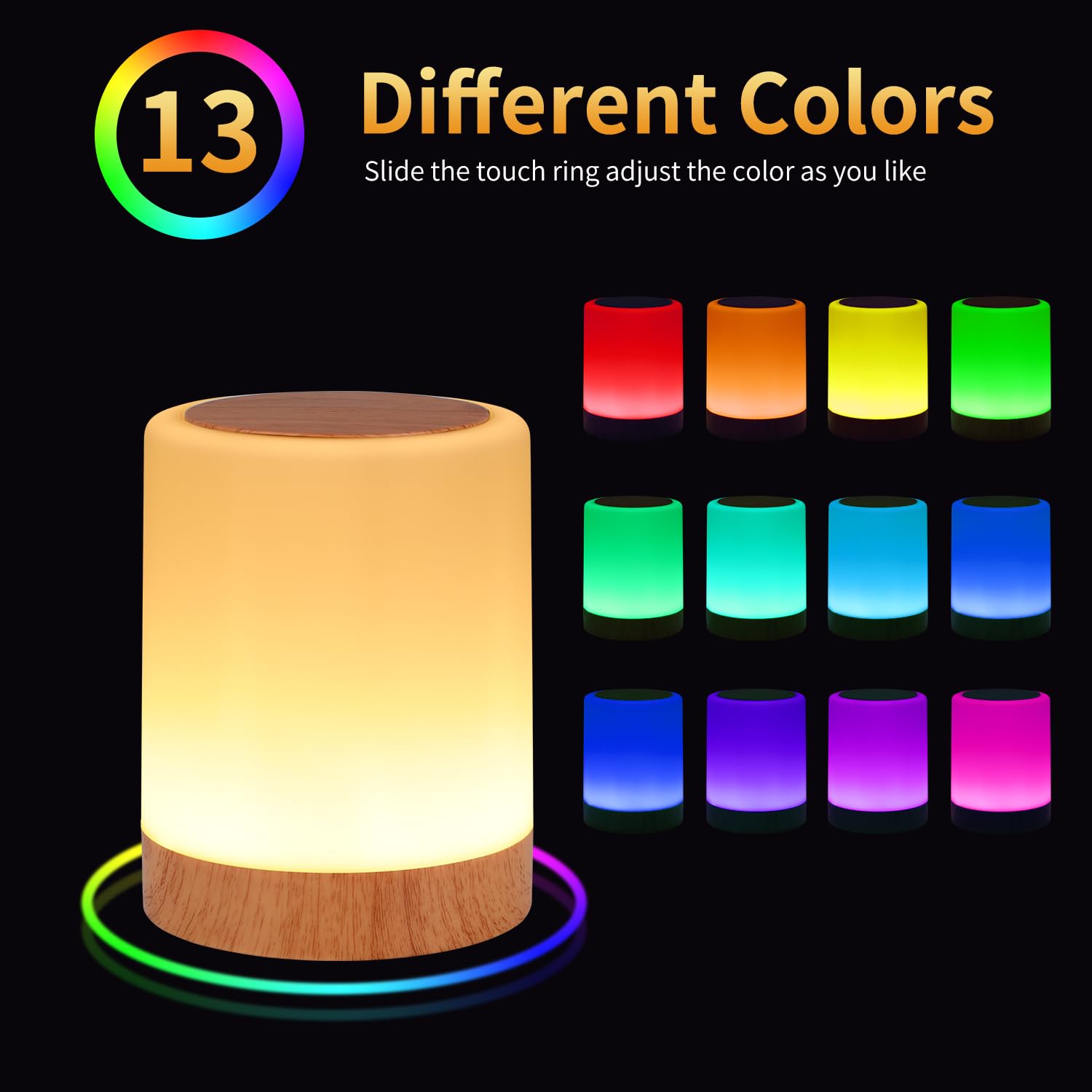 Oorun Touch Bedside Table Lamp - 13 Rgb Colors, 5 Brightness Levels, Usb Rechargeable, 2 Pack Brown, Model F8, Portable Light