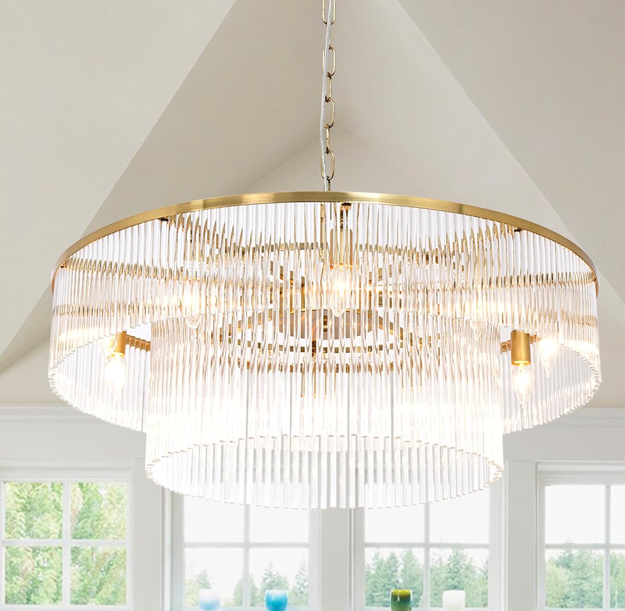 Akeelighting Contemporary Brass Dining Room Chandelier 2 Tier Crystal Glass Chandeliers Lighting Light Fixture Ceiling Entryway 