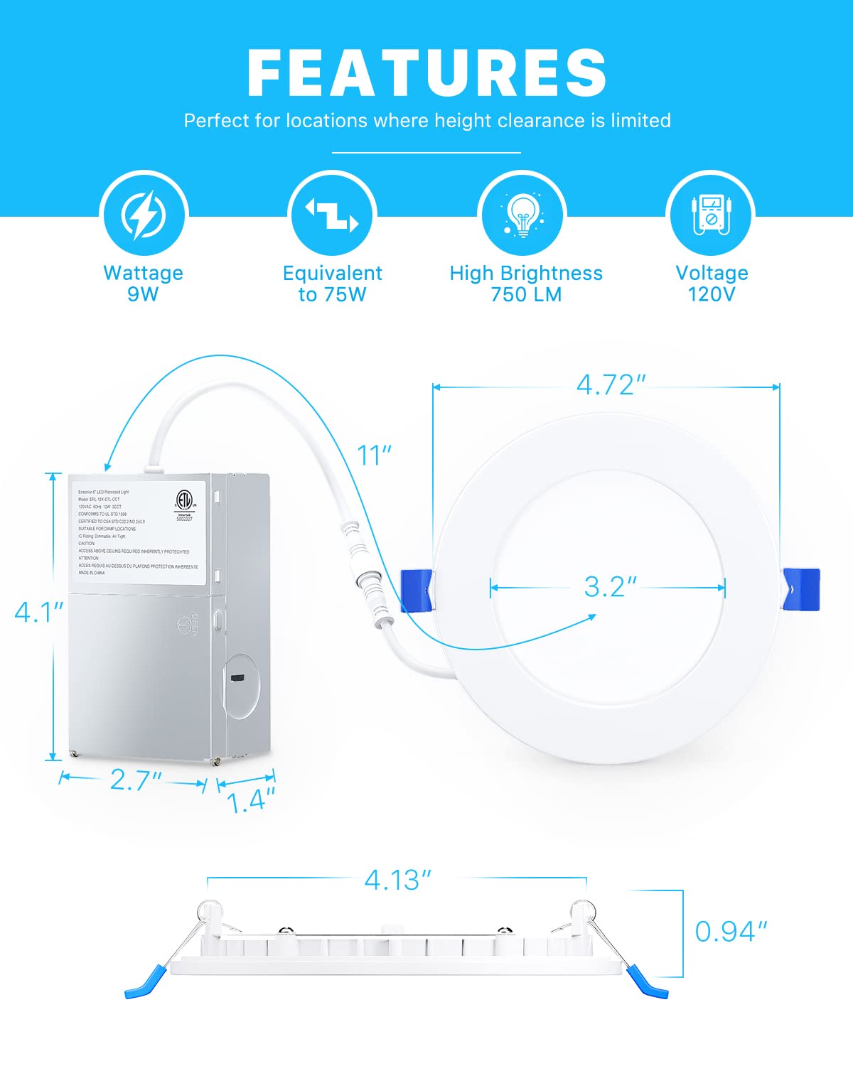 Ensenior 4 Inch Ultra-Thin LED Recessed Light, 5CCT Selectable, Dimmable, 9W, ETL & Energy Star Certified