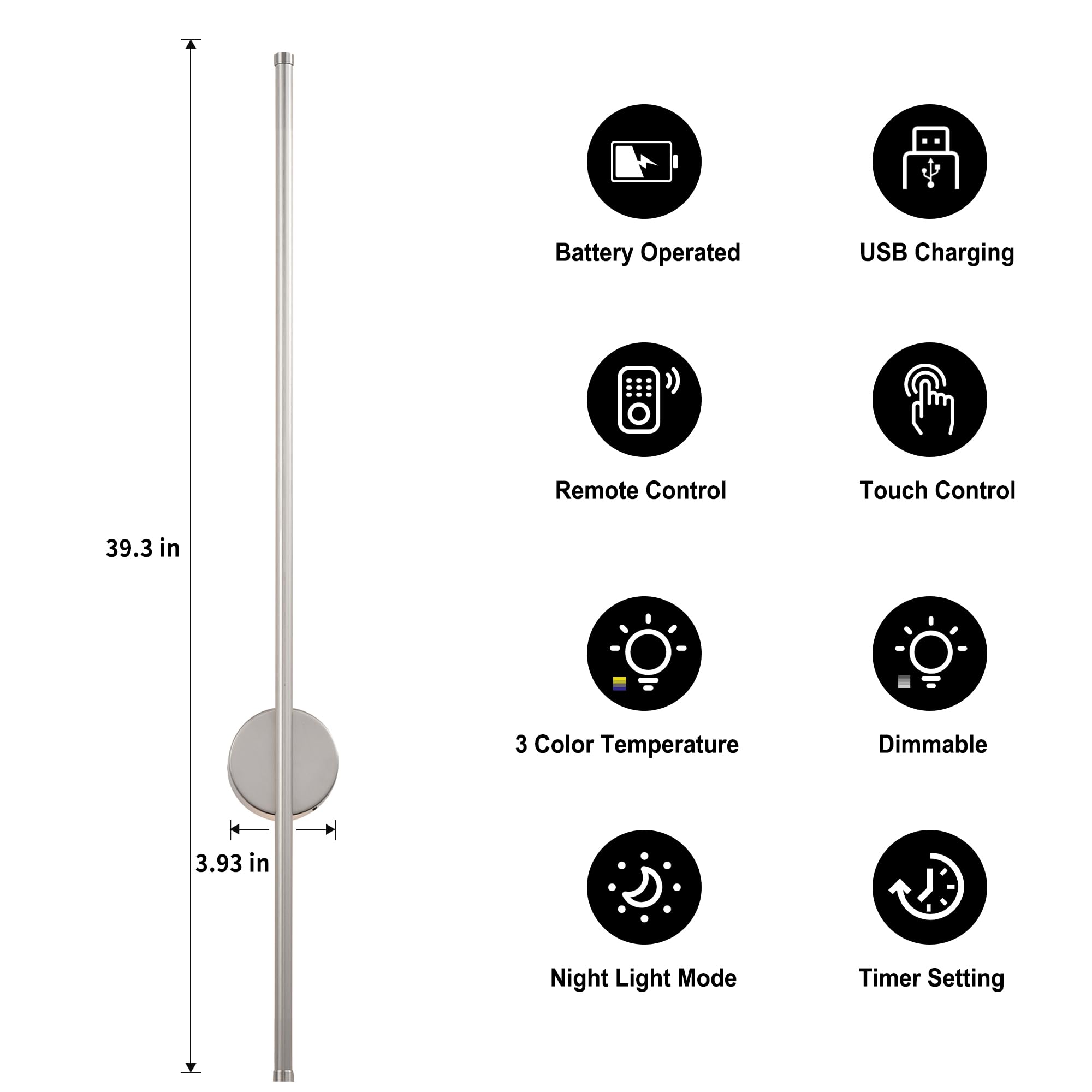 KARTOOSH Battery Operated Wall Sconces, Dimmable LED Light Set of Two, 39.3 Inch, Nickel, Model ZM322B