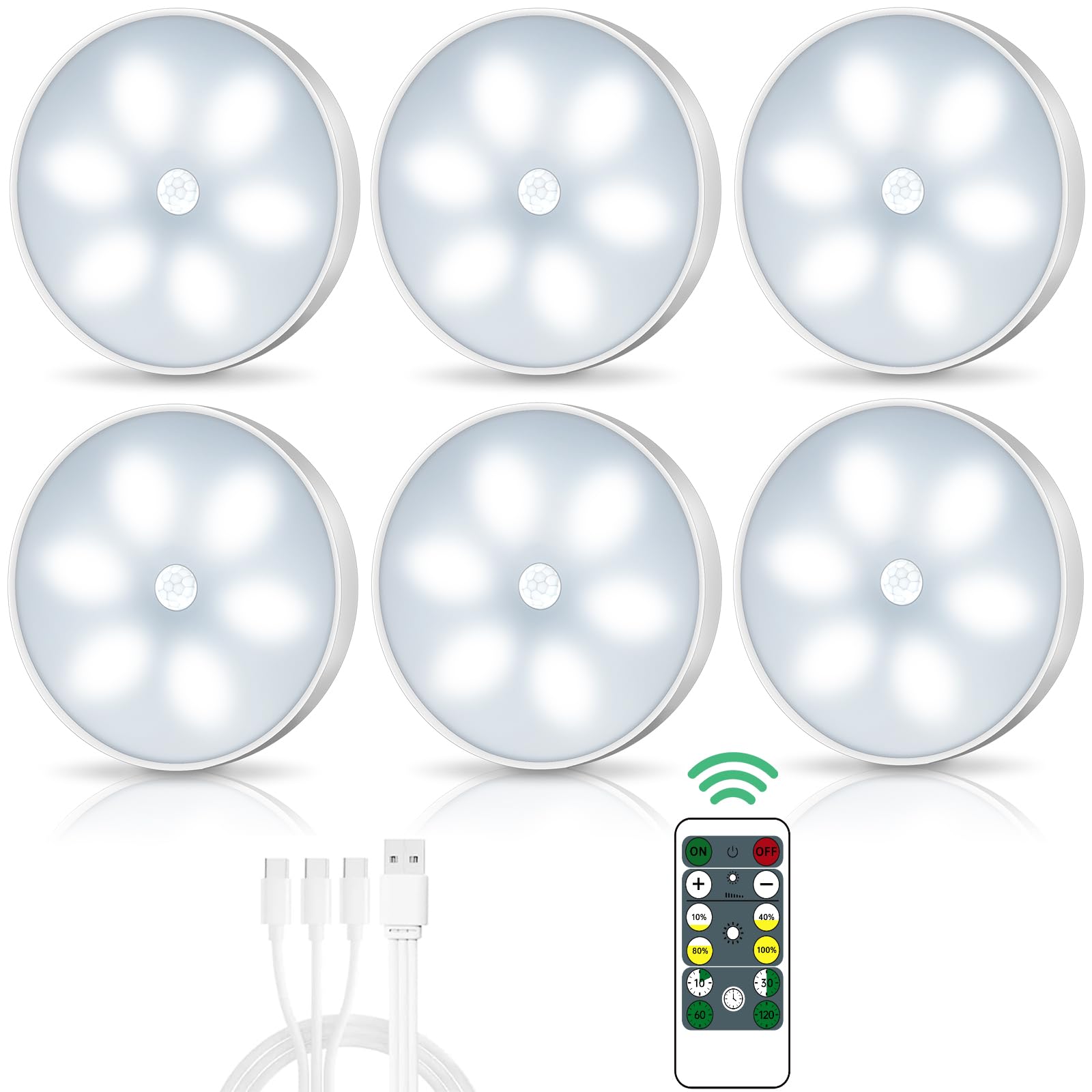 Lightbiz LED Closet Lights Puck Light with Remote, USB Rechargeable, Dimmable, 6 Pack, Cool White, Model X200