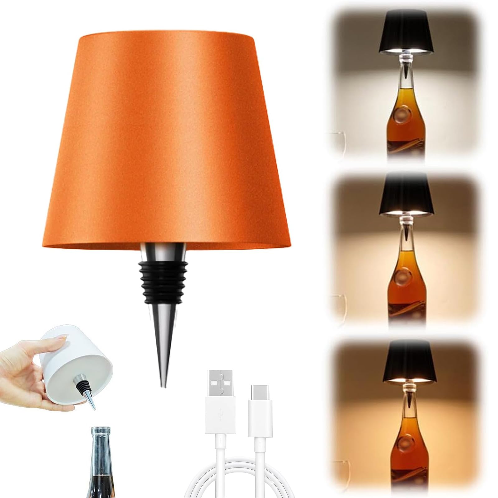 zmiao Wireless Bottle Lamp, Portable LED Touch Table Lamp, Rechargeable, 3 Light Modes, Orange