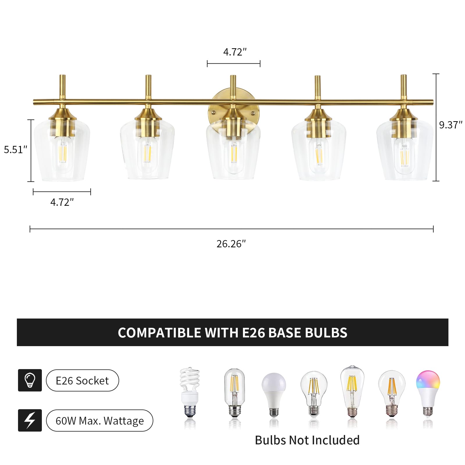 foucasal 5-Light Bathroom Vanity Light Fixture, Gold Brushed Brass with Clear Glass Shade for Mirror and Hallway